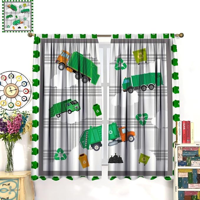 Truck Blackout Curtain,Boys Kids Cartoon Green Garbage Cars Pattern Print Window Curtains for Dining Room Living Room Kitchen Cafe Bedroom Office Drapes,63x72 in