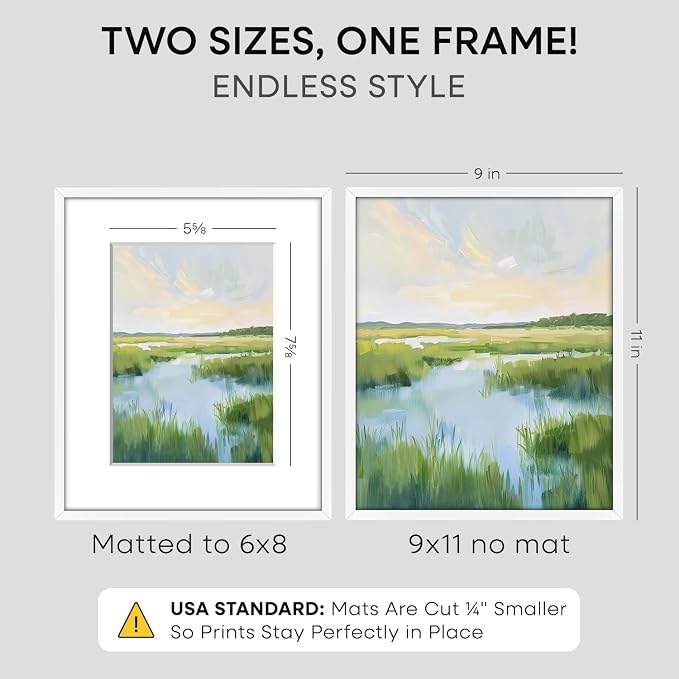 Homeforia 9x11 White Frame, High End Metal 9 x 11 Picture Frames with Mat 6 by 8 inch Photo, 9by11 Thin Poster Frame Matted to 6x8 Print, 11x9 Wall or Tabletop Frame, Tempered Glass, Wall Kit, Set of 2