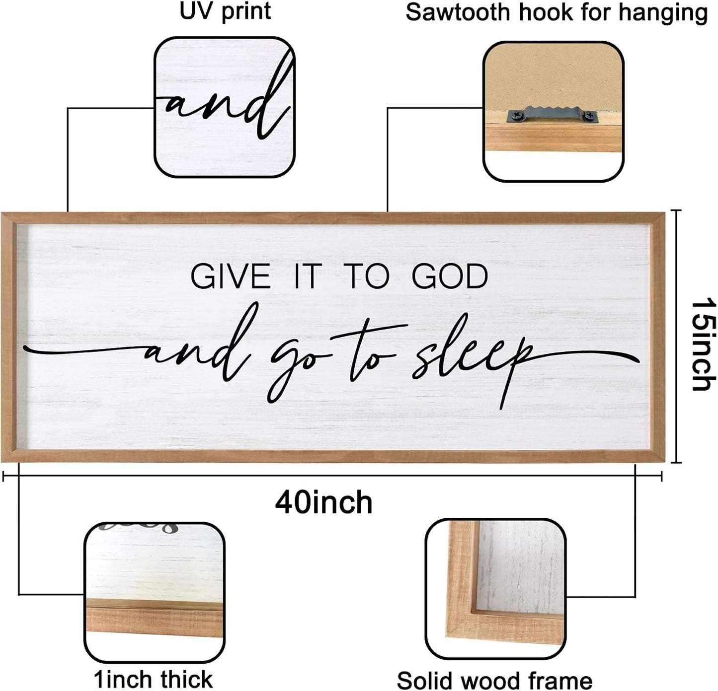 Give It to God and Go to Sleep Decorative Rustic Sign & Plaque Framed Wall Art for Couples, 40''×15'' Vintage Cottagecore Wooden Horizontal Wall Decor Above Bed, Farmhouse Wedding Gift for Bedroom