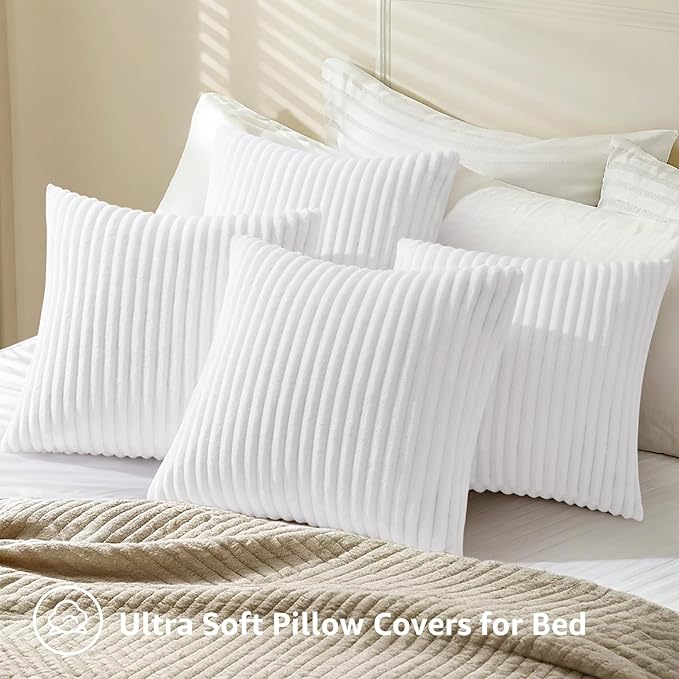 decorUhome Set of 4 Flannel Neutral White Throw Pillow Covers 18x18 Inch, Spring Decorative Soft Double-Sided Fluffy Couch Pillow Covers, Farmhouse Pillow Cases for Sofa Living Room