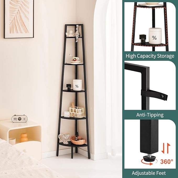 Yoobure 5‑Tier Corner Shelf – Sturdy Metal Frame & Wood Ladder Bookshelf, Space‑Saving Display Shelves for Plants & Books, Easy Assembly, for Bedroom, Living Room, Office, Balcony