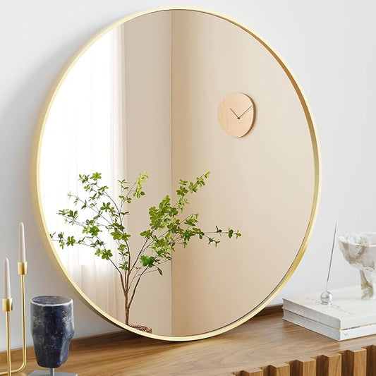 NEWBULIG Round Bathroom Mirror for Over Sink, 28 Inch Wall Vanity Circle Mirror with Matte Metal Framed, Decor for Bathroom, Entryway, Bedroom, Gold
