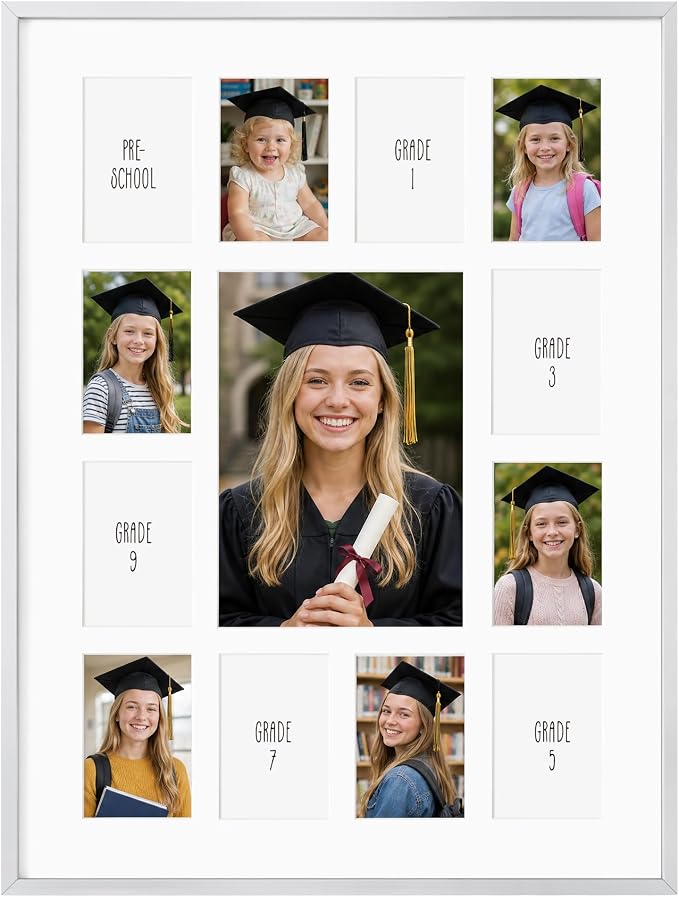 12x16 School Picture Frame K-12, Collage Frame for School Years, Silver | Sleek Silver K-12 Frame with 13 Openings: One 5x7 & Twelve 2.5x3.5 for Pre-K to 12th Grade | Wall Kit Included