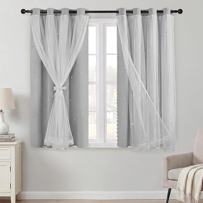 XiDi Grey Curtains 45 Inches Long for Bedroom Living Room 2 Panels Thermal Insulated Kids Curtain Hollow-Out Star Window Nursery Curtains Room Darkening Grommet Window Treatments Light Grey W52 x L45