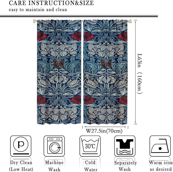 Bohemian William Morris Retro Plant Floral Blackout Window Curtains, Flower Vintage Country Farmhouse Art Window Drapes, for Bedroom Living Room 27.5(W)*63(L) 2 Panels