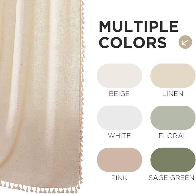 Joydeco Linen Boho Curtains 72 Inches Long 2 Panels, Super Soft Bohemian Farmhouse Curtains with Tassels, Semi Sheer Light Filtering Drapes for Bedroom Living Room (Rod Pocket, 52Wx72L)