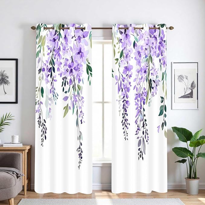 Purple Watercolor Floral Curtains, Botanical Leaves Vine Flowers Curtain, Rustic Farmhouse Flower Leaf Blackout Window Treatment Drapes for Bedroom Living Room 52x96 inch, 2 Panels