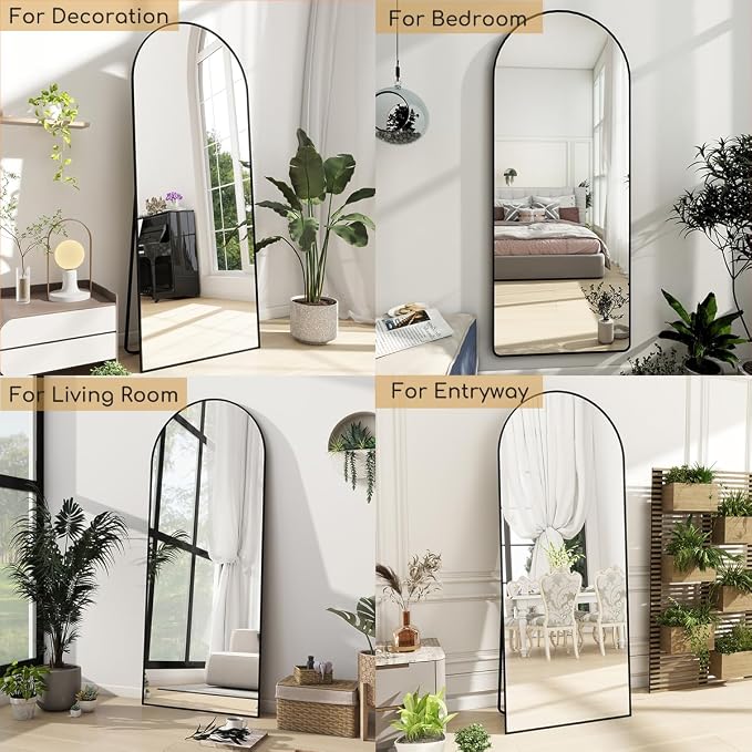 Prywot Arched Floor Mirror, 64 "x 21" Full Length Mirror Wall Mirrors Hanging or Leaning Arched-Top Full Body Mirrors with Stand for Bedroom, Dressing Room, Black