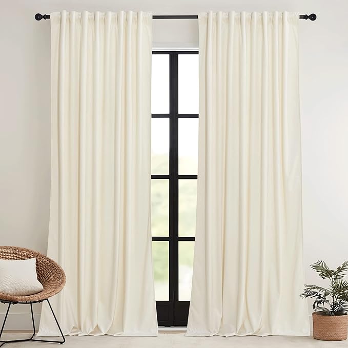 RYB HOME Ivory Velvet Curtains for Bedroom Living Room, Thermal Insulated Privacy UV Heat Blocking Luxurious Drapes for Nursery Dining Room, 62" W x 96" L, 2 Panels, Rod Pocket/Back Tab/Hook Belt