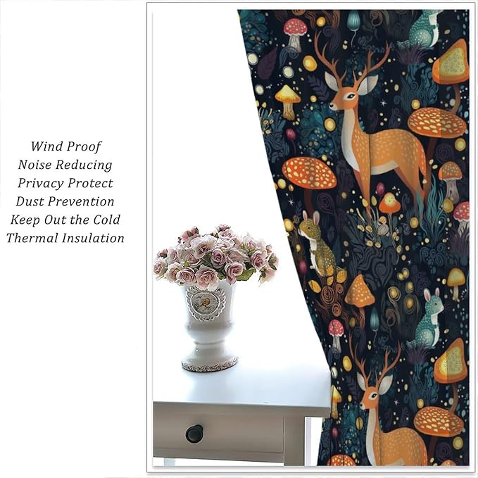 Fantasy Plant Curtains,Cute Woodland Deer Forest Animal Floral Mushroom Print Window Treatments for Bedroom Living Room Study Window Drapes 2 Panels Set,Total Size 72 x 63 Inch