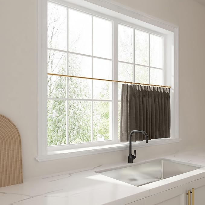 TWOPAGES 34" W x 45" L Linen Blend Cafe Curtains for Kitchen Window, Light Filtering Pinch Pleated Tier Curtains, Modern Farmhouse Half Window Curtains for Small Window, Chocolate Tart, 2 Panels