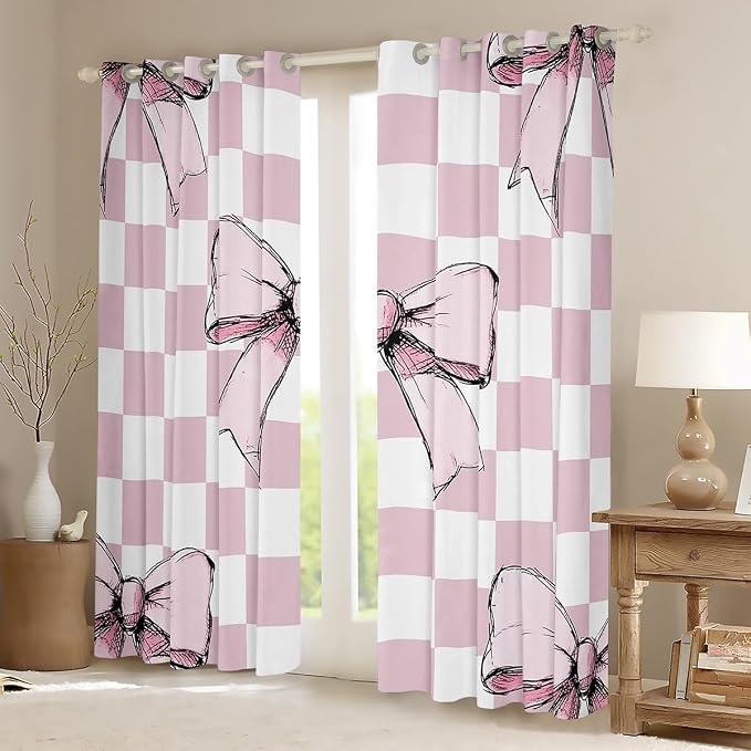 Erosebridal Cute Bowknot Window Treatments Pink Watercolor Bow Window Curtain 52" Wx63 L for Kids Girls Teen,Princess Ribbon Bow Curtain Dreamy Girly Bowknot Plaid Curtains & Drapes