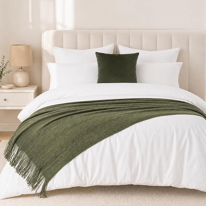 BATTILO HOME Olive Green Throw Blanket for Couch, Soft Army Green Blanket with Tassels for Home Decor, Decorative Knitted Throws for Couch Cover, 50"x60"