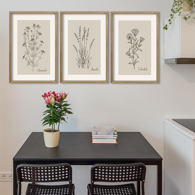TQianJiang Vintage Botanical Wall Art 16"x11" Set Of 3 Wood Framed Wildflower Pictures Wall Decor for Bedroom Minimalist Wall Hanging (Wood)