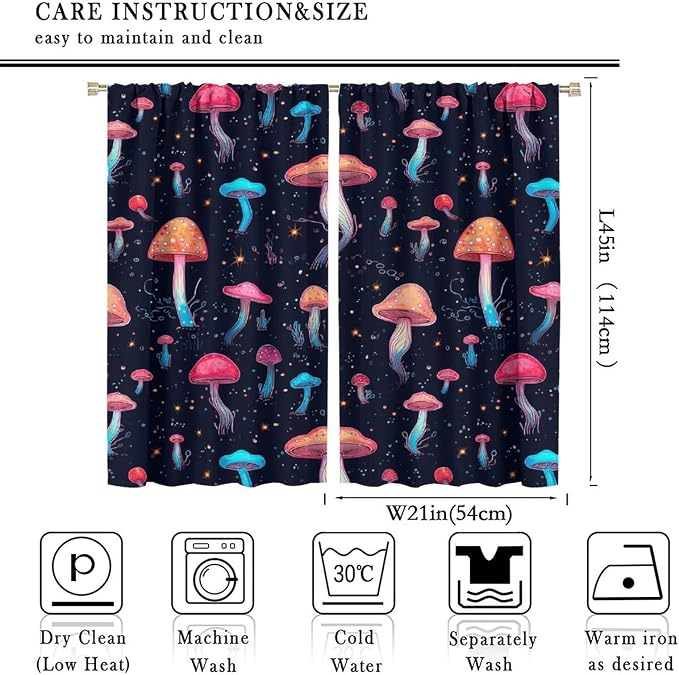 Fantasy Mushroom Semi Sheer Curtains,Colorful Plant Print Window Treatments for Bedroom Living Room Kitchen Cartoon Herbs Floral Polyester Fabric Window Drapes 2 Panels Set,Total Size 42 x 45 Inch