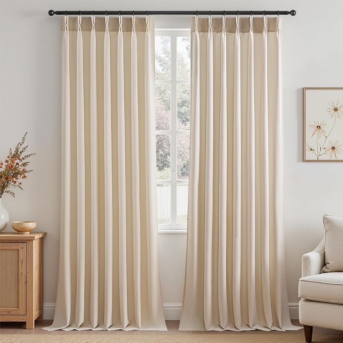 108 Inch Pinch Pleated Linen Curtains 2 Panels,Beige Semi Sheer Curtains with Pleated Hooks Back Tab for Track System,Extra Long 9ft Curtain for Living Room Bedroom,40x108