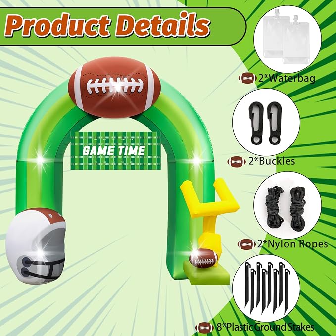 9FT Football Party Decorations for Game Day Blow Up with Helmet Built in LED Lights Goal Post for Yard Giant Balloon Photo Prop for Gift Light Green Football Inflatable Arch