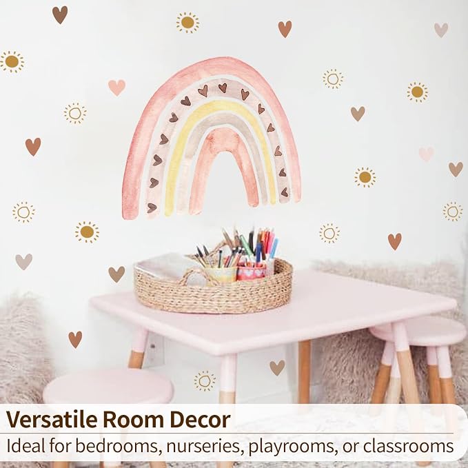 funlife Large Watercolor Rainbow Wall Decals Peel and Stick, Boho Yellow Sun Decal Boho Heart Wall Sticker for Girls Bedroom Decor, Kids Nursery Room Sunrise Playroom Wall Art Decor Decal