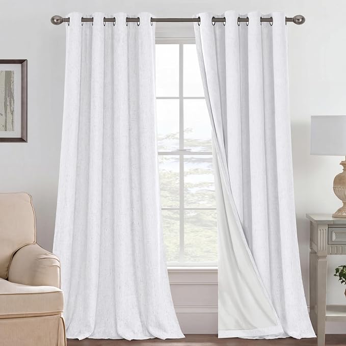 H.VERSAILTEX Blackout Curtains Linen Curtains 120 inches Long 100% Black Out Curtains for Bedroom Windows, Textured Linen Look Draperies Grommet with White Liner, 2 Panels, Bright White