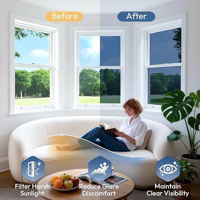 rabbitgoo One Way Privacy Window Film Window Tint for Home with Tools, UV Blocking Heat Control Static Cling No Glue, Daytime Privacy See Out Not in, 35.4 in X 13.1 Feet, Blue Silver