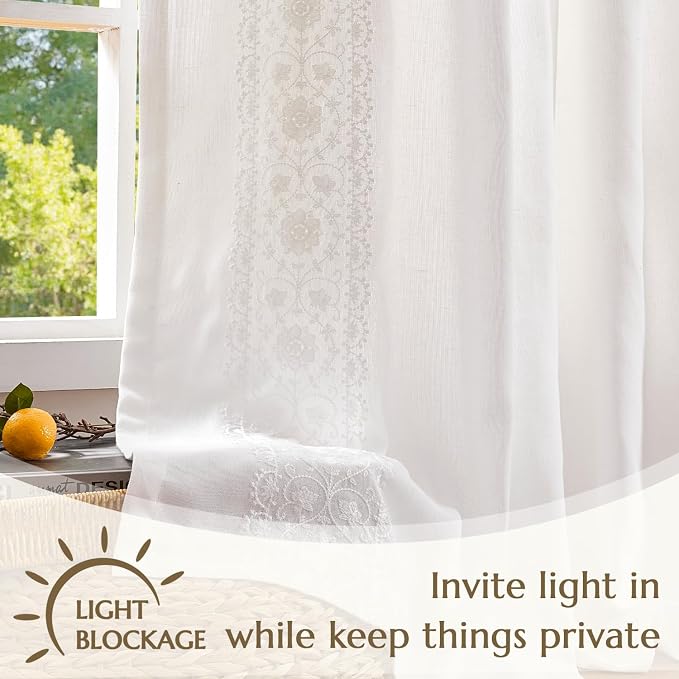 jinchan Weslie White Linen Curtains for Bedroom Vintage Floral Farmhouse Curtains 63 Inch Length Linen Boho Drapes for Living Room Embroidered Drapes Off White 2 Panels