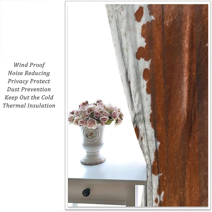 Cowhide Blackout Curtains, Retro Farmhouse Animal Spotted Brown White Cow Texture Print Rod Pocket Curtain Window Treatments 2 Panels Drapes for Bedroom Nursery Office Living Room Decor 72"W X 63"L