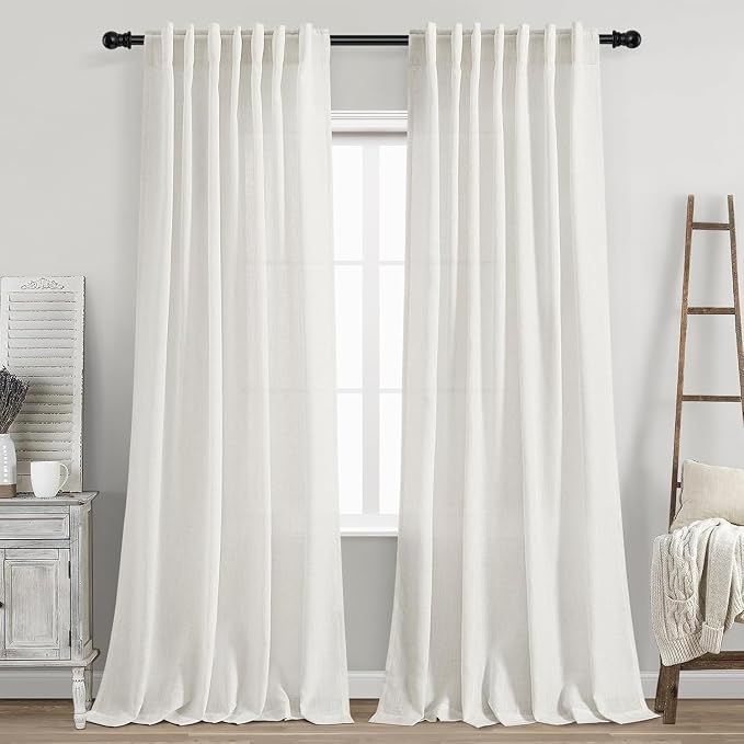 Nanspring Beige White Linen Curtains for Living Room 86 Inches Long Back Tab and Rod Pocket Light Filtering Semi Sheer Curtain Rustic Farmhouse Decor Luxury Drapes for Bedroom Office 52x86, 2 Panels