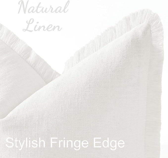 decorUhome Summer Decorative Neutral Linen Fringe Throw Pillow Covers Set of 2 Cream White Pillow Covers with Tassels Soft Farmhouse Boho Accent Pillow Cases for Couch Bed Sofa 20x20 Inch
