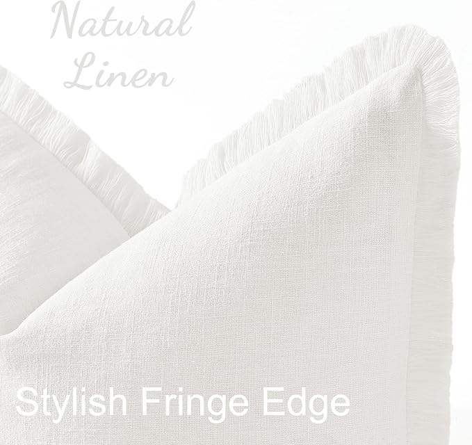 decorUhome Linen Fringe Euro Sham Throw Pillow Covers Set of 2 Decorative Cream White Pillow Covers with Tassels Soft Accent Boho Farmhouse Pillow Cases for Couch Bed Sofa 22x22 Inch