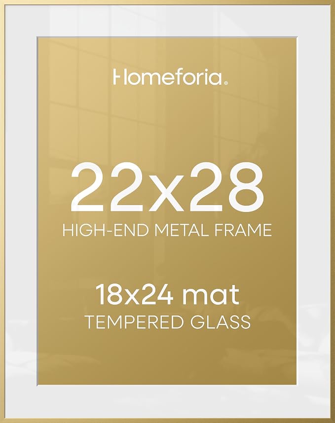 Homeforia 22x28 Picture Frame Gold, High End Metal 22 x 28 Large Poster Frames with Mat 18 by 24 for Photo, 22x28 Gold Frame Matted to 18x24 inch Print, 28x22 Frame, Tempered Glass, Wall Kit, Set of 3