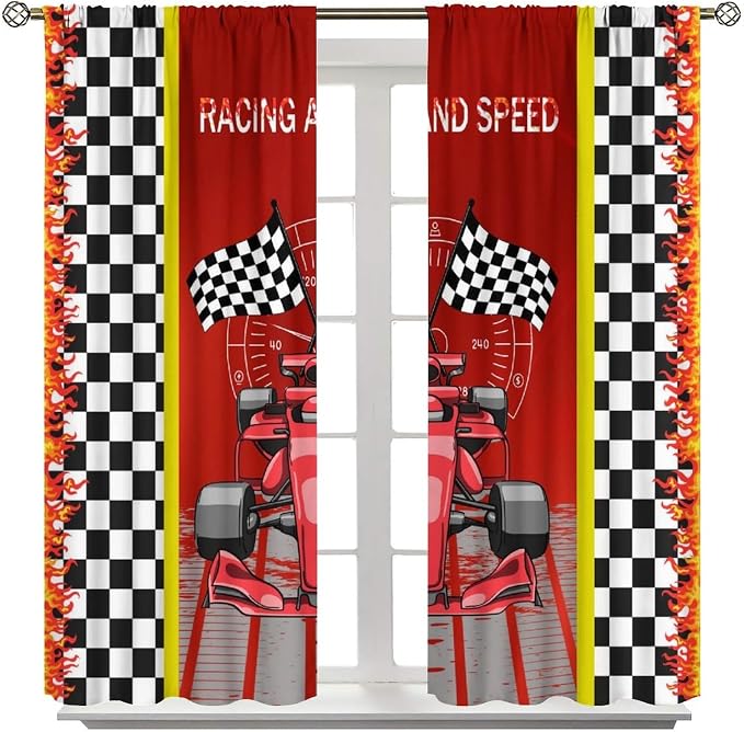 Racing Car Blackout Curtain,for Kids Boys Black Red White Start Flag Cartoon Race Cars Curtains Dining Room Living Room Kitchen Cafe Bedroom Office Nursery Drapes Decor,42x45 in