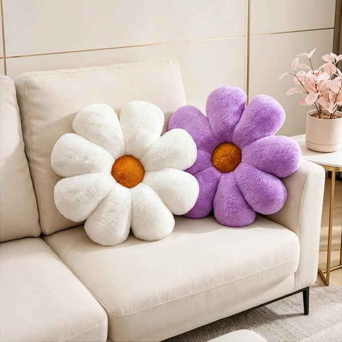2pcs Flower Throw Pillows Set, Cute Purple White Room Decor Aesthetic Daisy Shaped Pillow for Girls Bedroom Bed Sofa Couch Chair Decor (Purple & White)