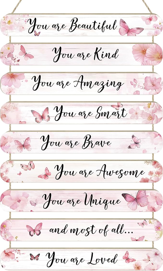 MONALET Pink Butterfly Inspirational Wall Decor for Girls Kids Room Office Classroom Playroom Nursery, You Are Loved Hanging Wooden Signs Decorations, Rustic Vintage Aesthetic Wood Plaque 9Pcs 12x19