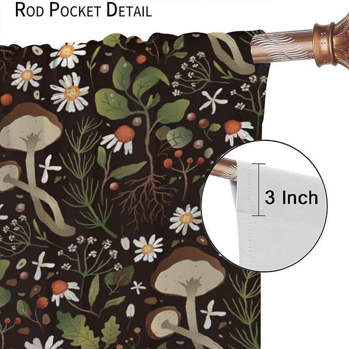 Mushroom Curtains,Green Plant Forest Botanical Print Window Treatments for Bedroom Living Room Kitchen Cartoon Herbs Floral Window Drapes 2 Panels Set,Total Size 63 x 63 Inch