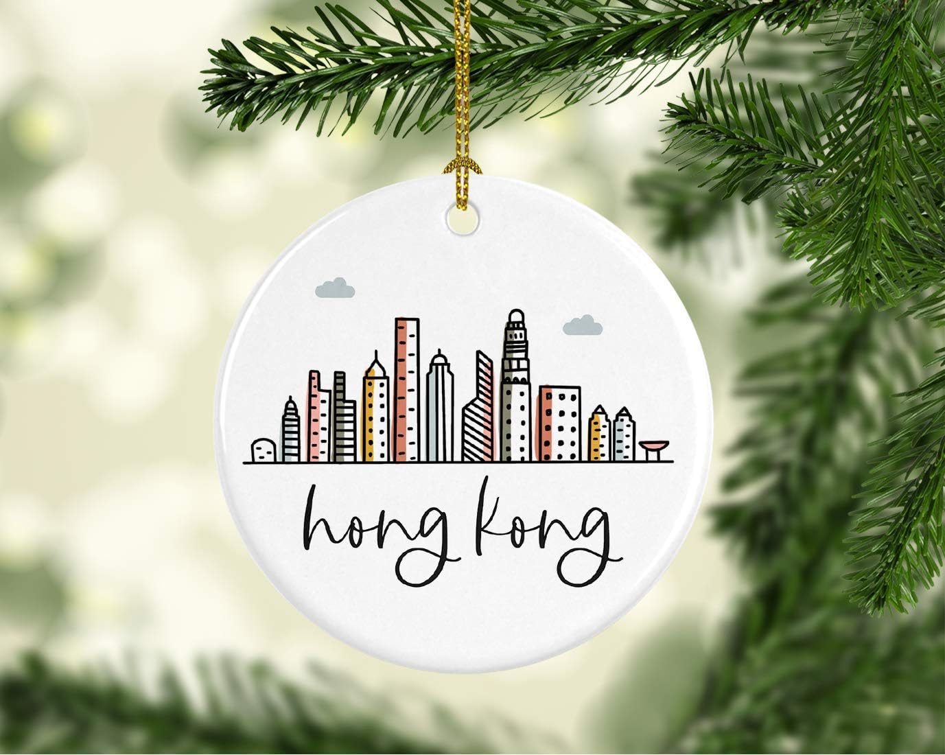 Andaz Press Round Ceramic Porcelain Christmas Tree Ornament Keepsake Gift, Hong Kong, Colorful International City Skyline Graphic, 1-Pack, Birthday Family Coworker Him Her, Gift Box