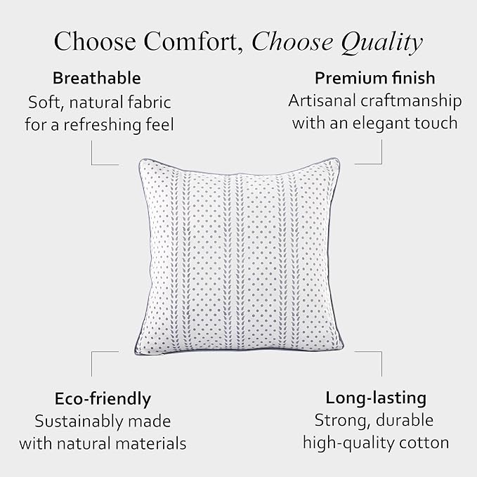 CPC 100% Cotton Throw Pillow Covers 24x24 Inch, Set of 2 Block Print Pattern Couch Pillow with Hidden Zipper, in Collabaration with Southern Source- Misty Grey Trelis