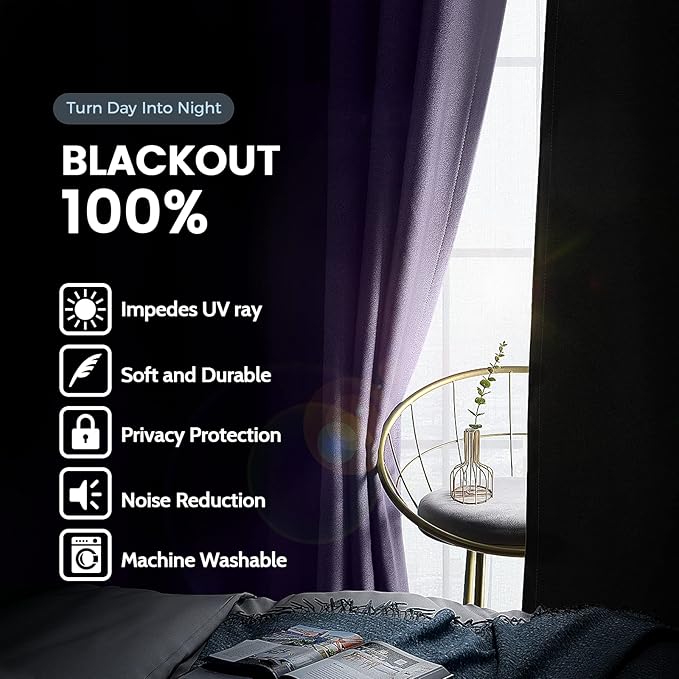 SimpleHome 100% Blackout Curtains for Bedroom,Thermal Insulated Lilac Grommet Window Drapes Room Darkening Curtains for Living Room with Black Back,52 x 45 Inch,2 Panels