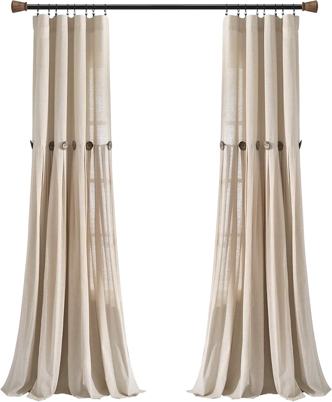 Lush Decor Linen Button Window Curtain Panel, Single, 40" W x 95" L, Dark Linen- Country Curtains - Rustic Decor - Color Block - Modern Farmhouse Curtains