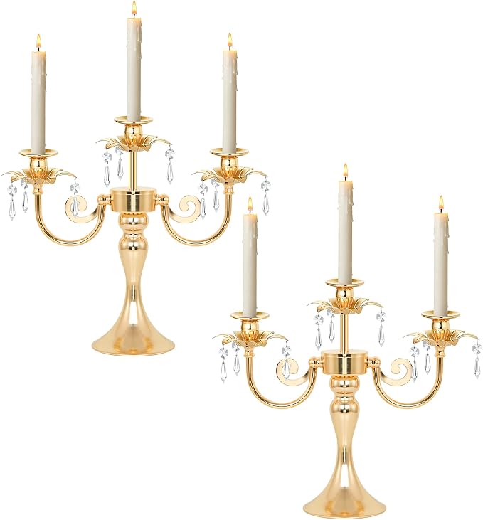 Metal 3 Arm Candelabra with Crystal Pendants - 11.8 Inch Tall Candle Holders, Set of 2 - Elegant Taper Candlestick Stand for Wedding, Dining Table, Christmas Party Home Decoration (2, Gold)