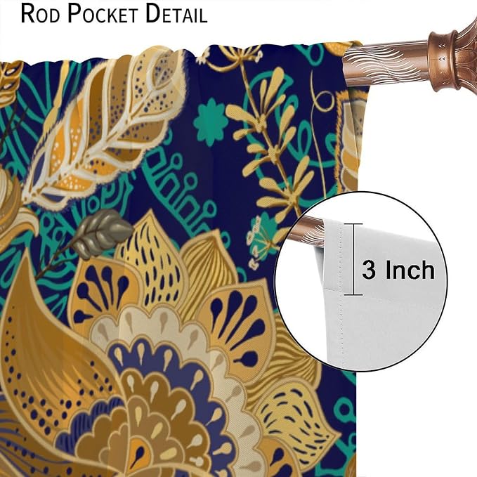 Floral-Patterned Blackout Curtains, Vintage Navy Blue with Gold Plant Motifs in Bohemian Style, Heat-Insulating Curtains for Living Rooms and Bedrooms52X84 Inch