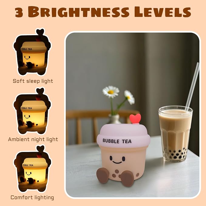 OkiyiD Boba Tea Gifts for Milk Tea Lovers, Cute Bubble Tea Night Light, Boba Tea Silicone Nursery Lamp with Dimming and Timing Function, Cute Room Decor Lights for Kids Girl Women Xmas Gifts