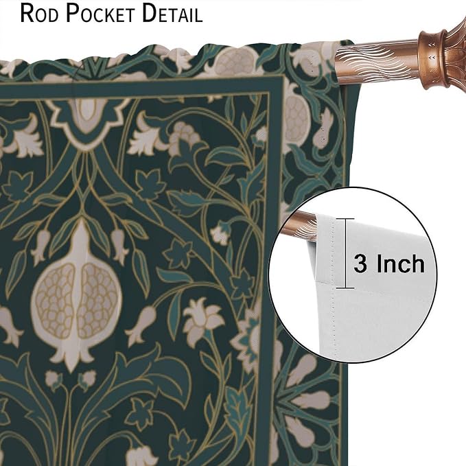 William Morris Floral Blackout Curtains, Vintage Plant Art Flower Green Leaves Boho Window Drapes, for Living Room Bedroom 63" W X 72" L