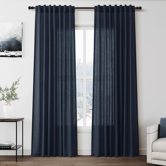 Nanspring Vintage Blue Linen Curtains 84 Inch Length 2 Panels Set for Living Room Rod Pocket Back Tab Light Filtering Window Drapes for Bedroom Dining Room Protect Privacy Vintage Country Decor
