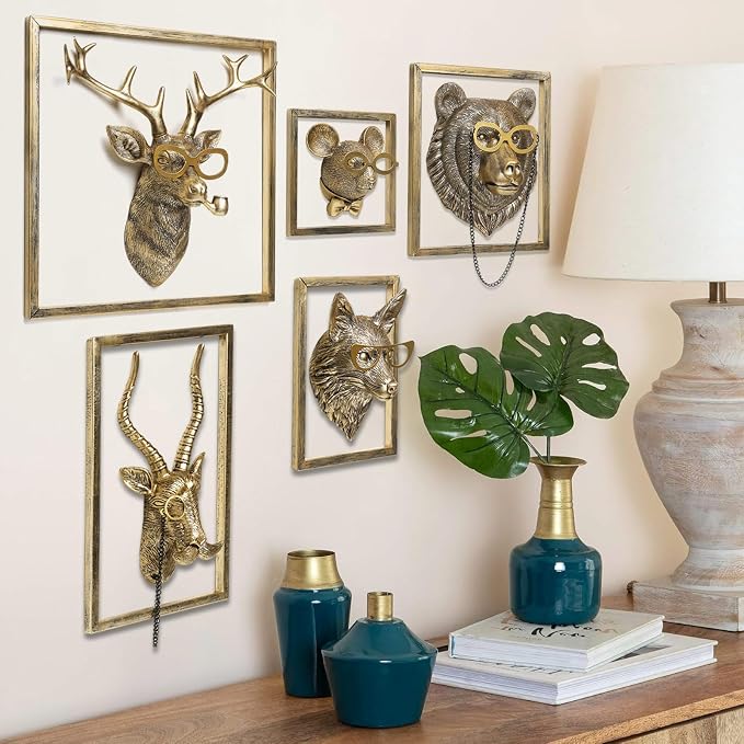 Newinhome Animal Heads Wall Decor (5pcs, Includes Metal Frame) Resin Animals Sculptures Head Wall Hanging Decoration Gold vintage Wall Sculpture for Living Room Bedroom Office