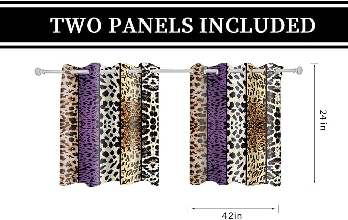 Wild Animal Print Curtain, Room Darkening Thermal Insulated Blackout Leopard Boa Window Drapes with Grommets for Living, Dining, Bedroom, Purple Leopard Print, 42"x 24", 2 Panels