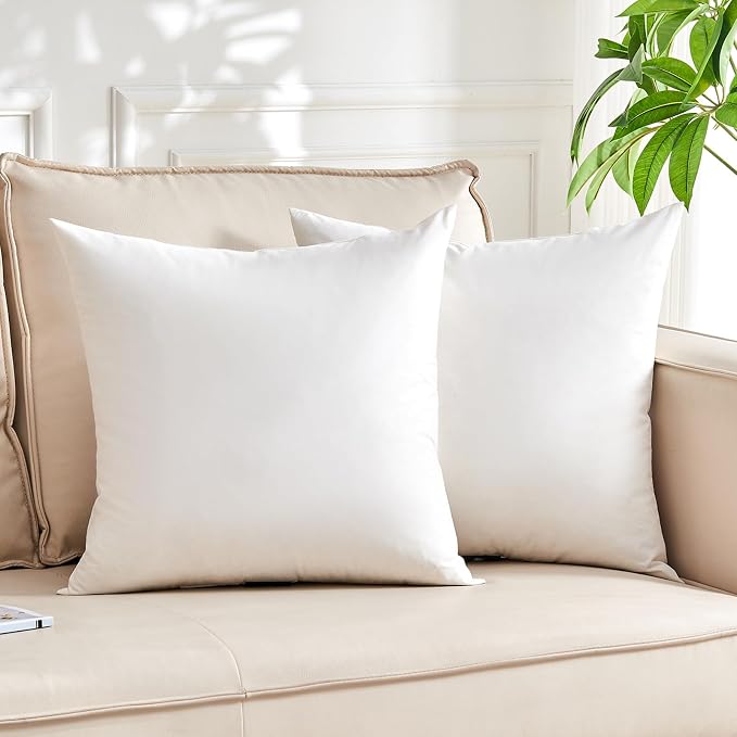 Organic Feather Down Throw Pillow Inserts (12x12 Inch, Set of 2) - 100% Cotton Shell, Filling of Feathers & Memory Foam, Square Decorative Pillow Form Core for Couch, Sofa, and Bed