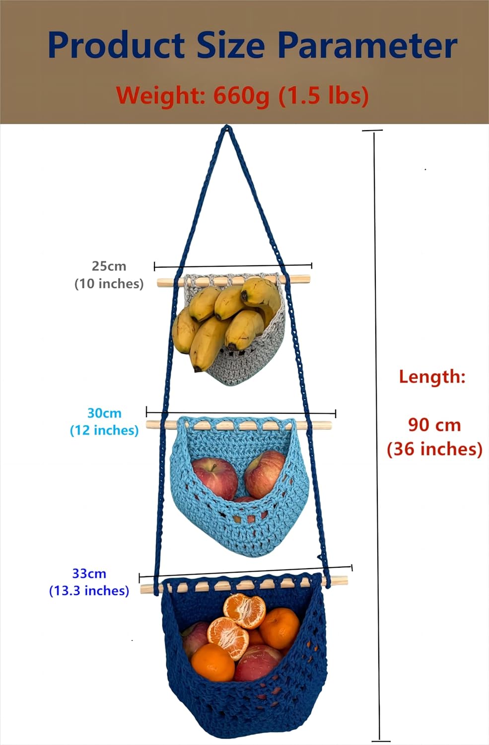 Hanging Fruit Basket, 3 Tier Cotton Macrame Produce Basket for Kitchen, Indoor Planter Hangers.
