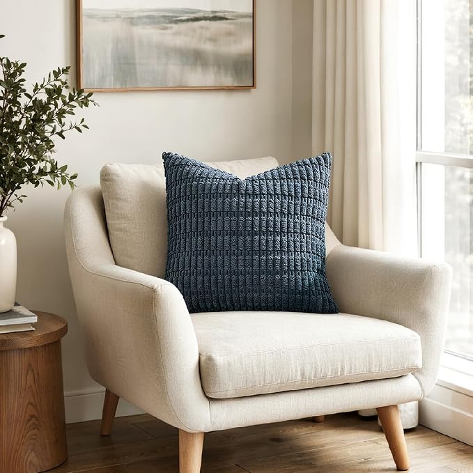 MIULEE Pack of 2 Corduroy Decorative Euro Sham Throw Pillow Covers 24x24 Inch Soft Boho Striped Pillow Covers Modern Farmhouse Home Decor for Summer Coastal Sofa Living Room Couch Bed Blue