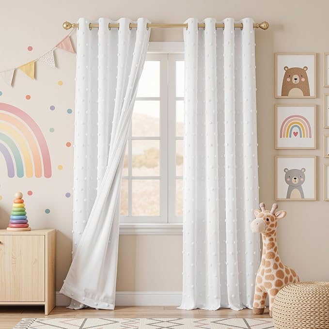 MEETSKY White Blackout Curtains for Kids Bedroom 95 Inch Length 2 Panels,Thermal Curtain Full Light Blocking Grommet Window Curtains with White Pom Pom for Living Room/Nursery Bedroom,52" W x 95" L