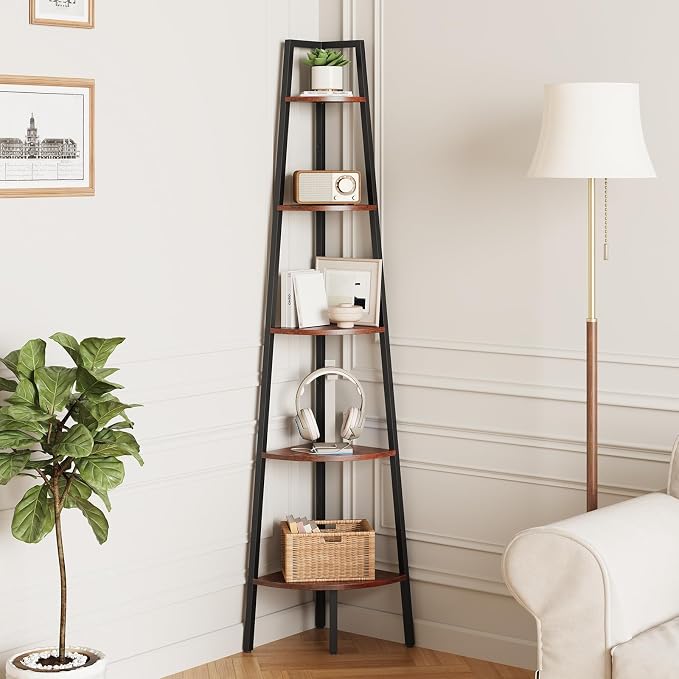 Yoobure 5‑Tier Corner Shelf – Sturdy Metal Frame & Wood Ladder Bookshelf, Space‑Saving Display Shelves for Plants & Books, Easy Assembly, for Bedroom, Living Room, Office, Balcony